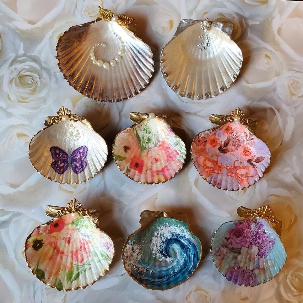 DECOUPAGE & HAND PAINTED SCALLOP SHELLS, FLORAL, BUTTERFLY, PEARLS 8 SHELLS